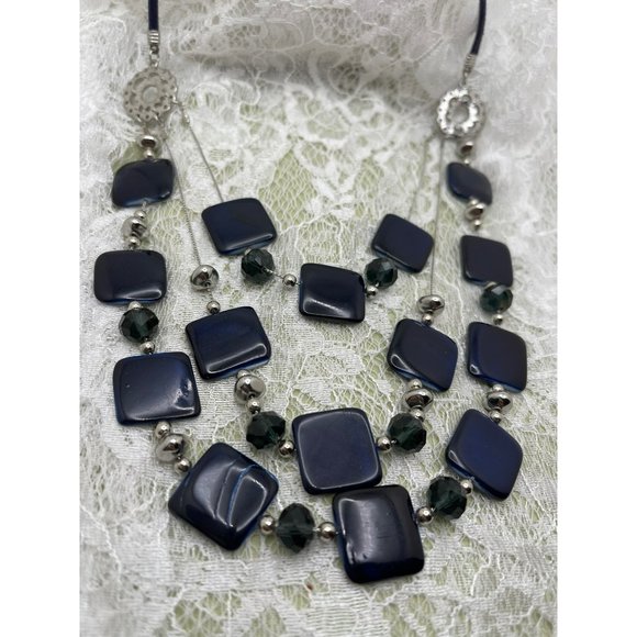 Navy Blue Square & Round Beaded 3-Tier Necklace - Picture 9 of 10